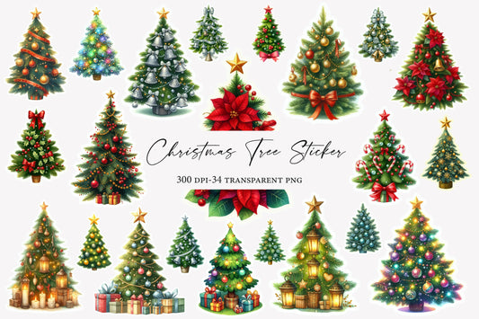 Christmas Tree Sticker Clipart PNG Bundle | Cute Watercolor Christmas Tree Sticker Clipart | Festive Holiday Sublimation PNG