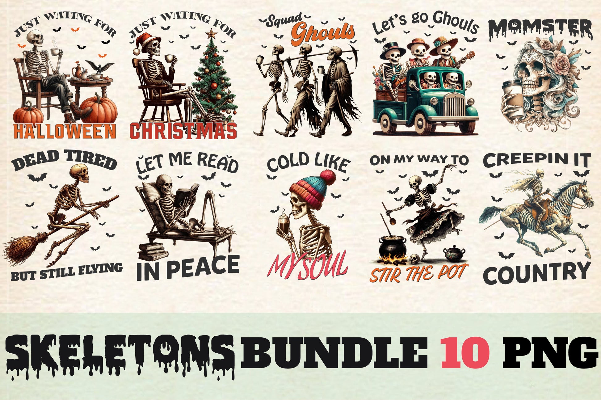 10 Skeletons Bundle PNG Halloween Christmas Skeleton Sublimation
