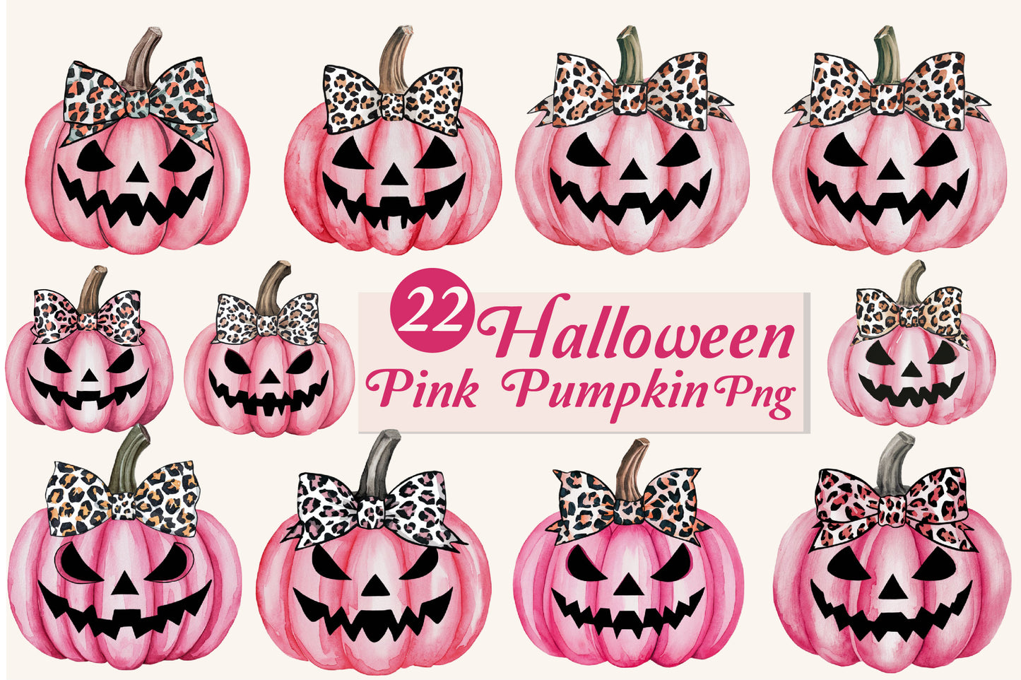 22 Halloween Pink Pumpkin PNG Bundle Leopard Bow Jack O Lantern Clipart