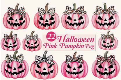 22 Halloween Pink Pumpkin PNG Bundle Leopard Bow Jack O Lantern Clipart