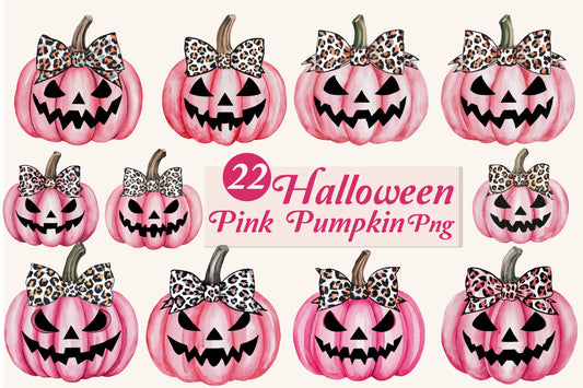 22 Halloween Pink Pumpkin PNG Bundle Leopard Bow Jack O Lantern Clipart