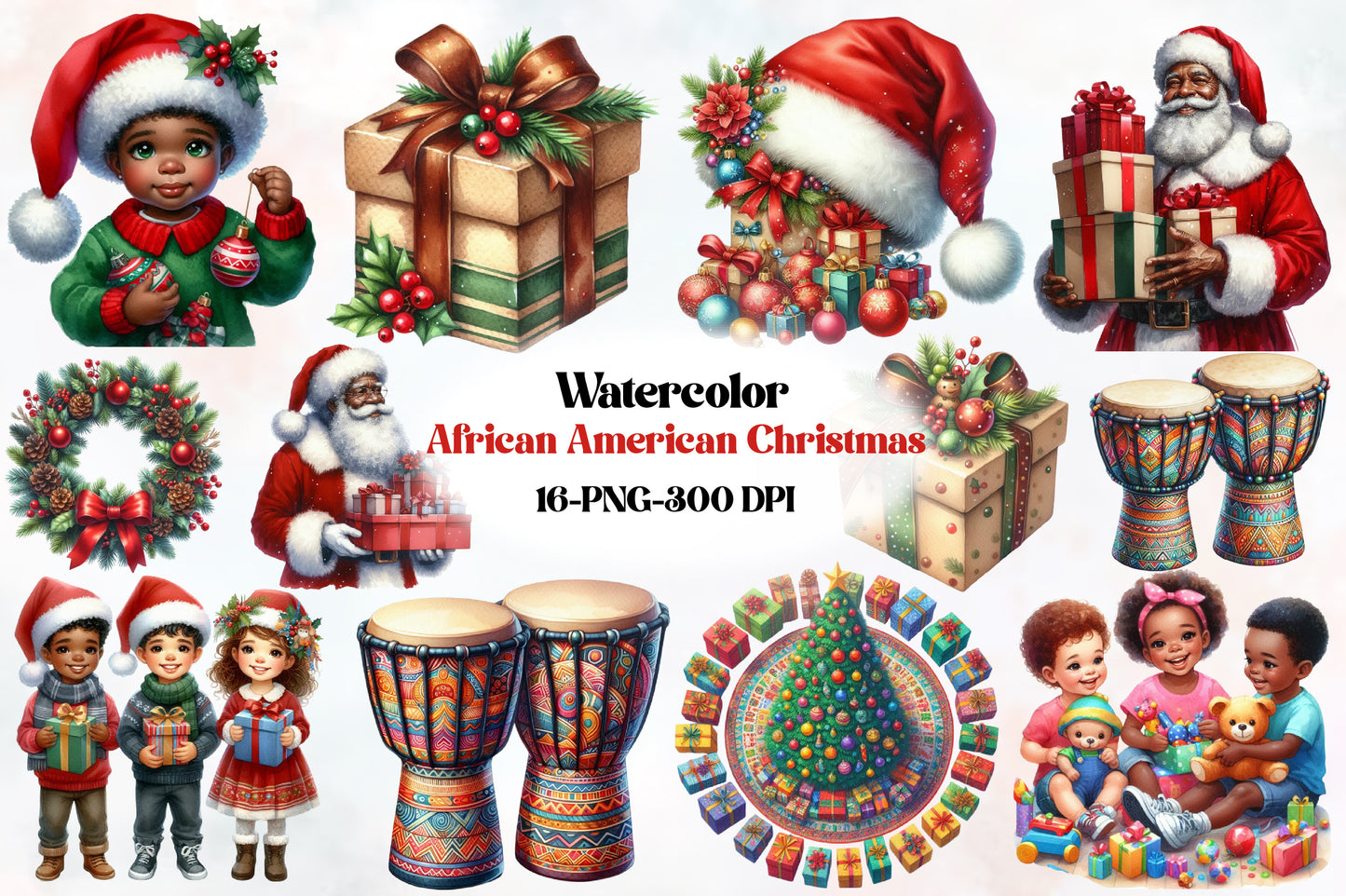 African American Christmas Clipart PNG Bundle | Black Santa, Christmas Kids, Gifts, Drums & Holiday Designs