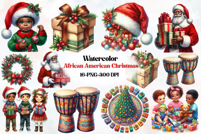 African American Christmas Clipart PNG Bundle | Black Santa, Christmas Kids, Gifts, Drums & Holiday Designs