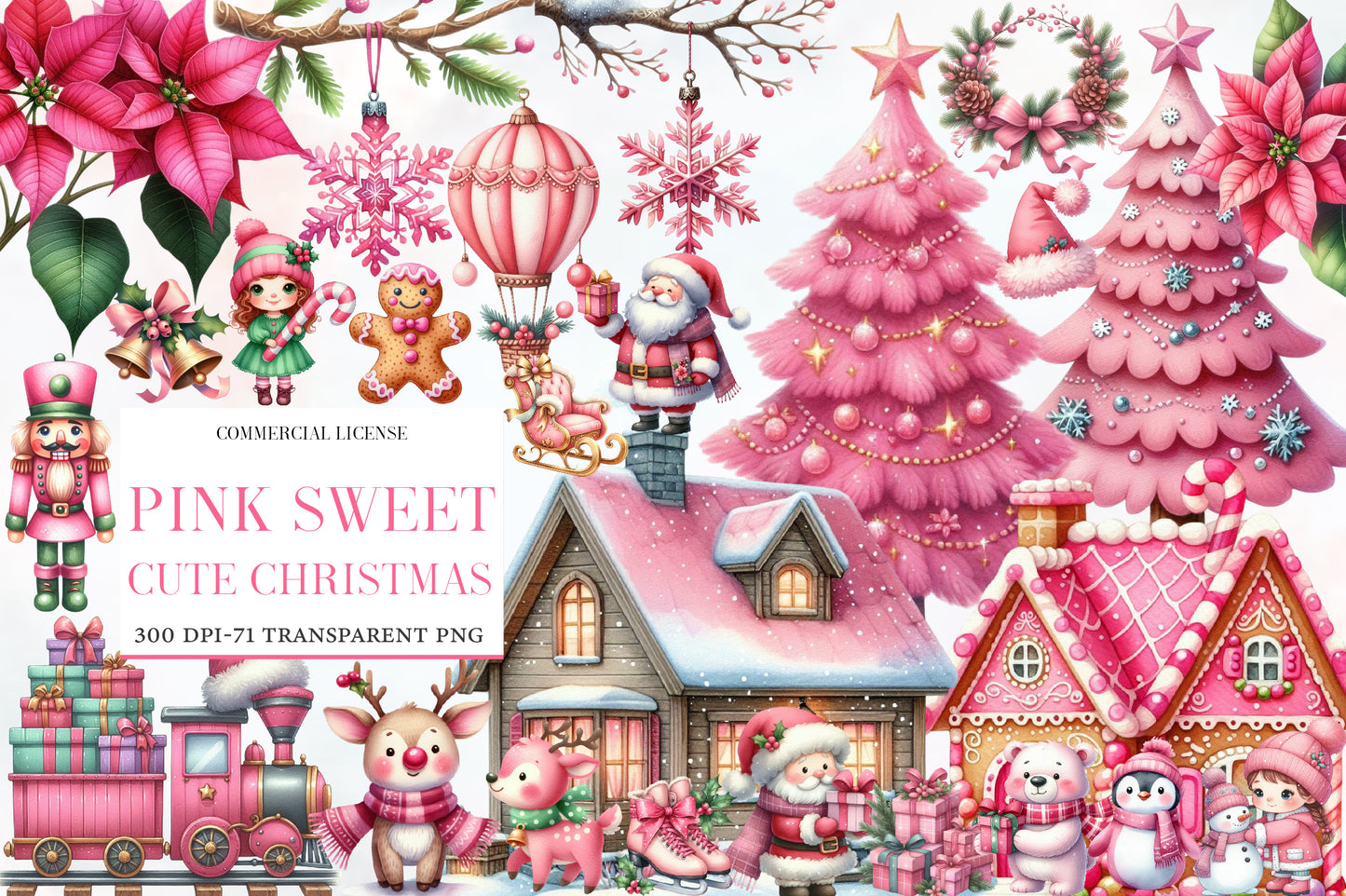 Pink Sweet Christmas Watercolor Clipart PNG Bundle | Cute Pink Christmas Clipart | Pink Holiday Sublimation PNG