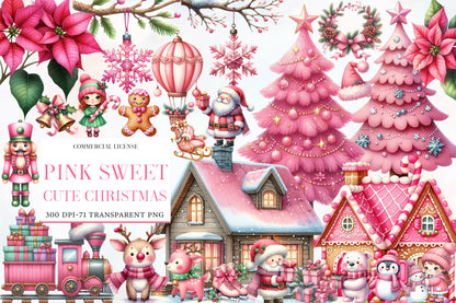Pink Sweet Christmas Watercolor Clipart PNG Bundle | Cute Pink Christmas Clipart | Pink Holiday Sublimation PNG