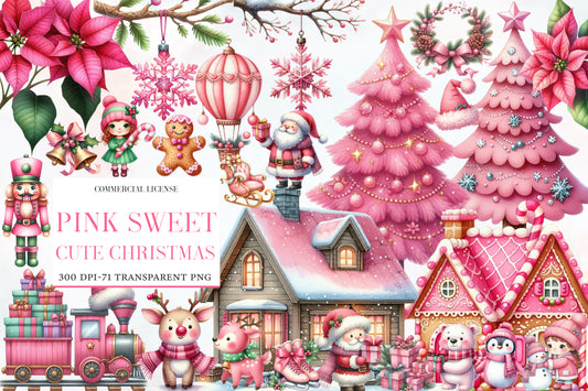 Pink Sweet Christmas Watercolor Clipart PNG Bundle | Cute Pink Christmas Clipart | Pink Holiday Sublimation PNG