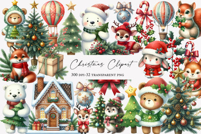 Christmas Watercolor Clipart Set PNG Bundle | Cute Holiday Christmas Watercolor Clipart | Festive Sublimation PNG