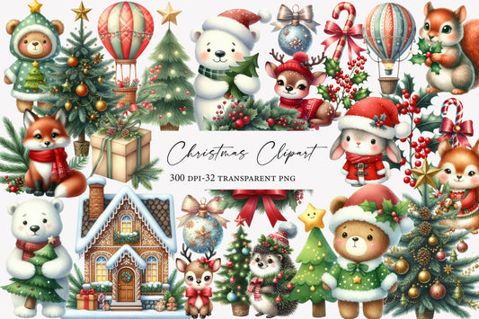 Christmas Watercolor Clipart Set PNG Bundle | Cute Holiday Christmas Watercolor Clipart | Festive Sublimation PNG