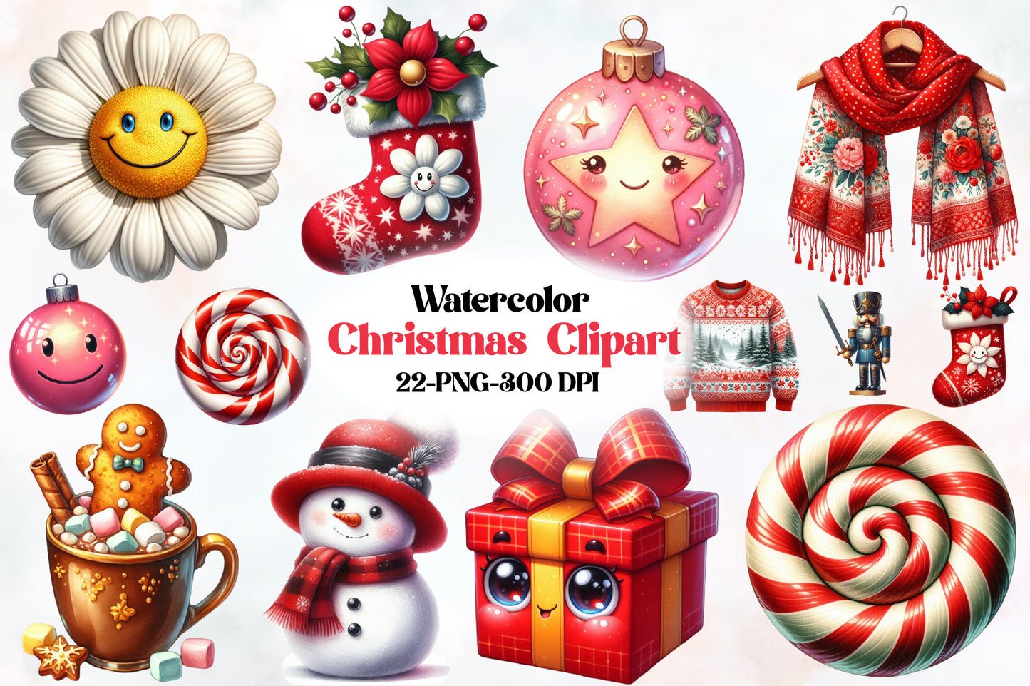 Christmas Clipart PNG Bundle | Watercolor Christmas Ornaments, Stocking, Candy Cane, Snowman, Gift Box & Holiday Elements