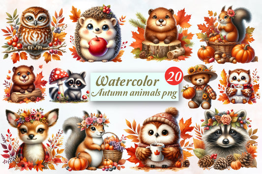 Watercolor Autumn Animals PNG Bundle 20 Cute Fall Clipart Designs