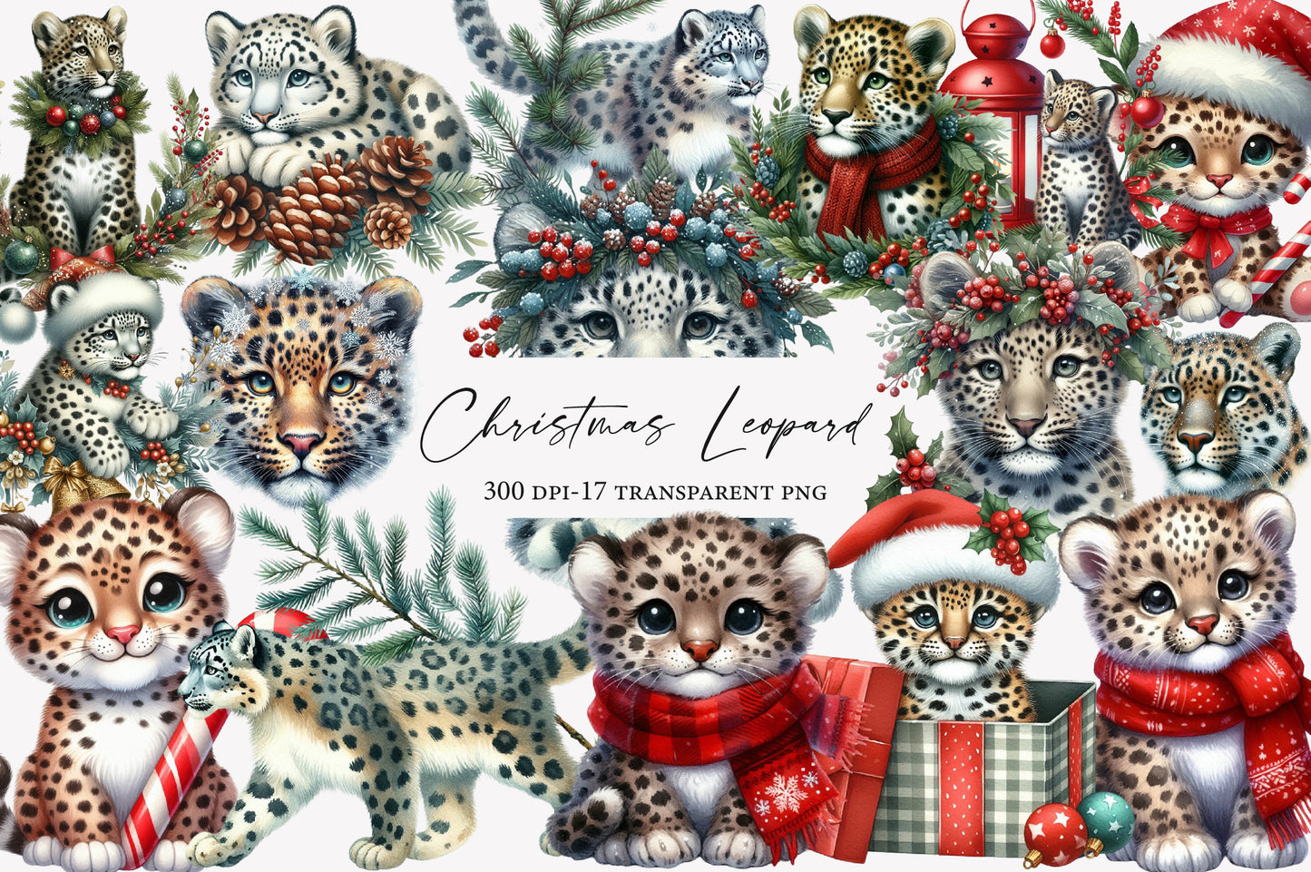 Christmas Leopard Clipart PNG Bundle | Watercolor Cute Christmas Leopard Clipart | Festive Wild Cat Sublimation PNG