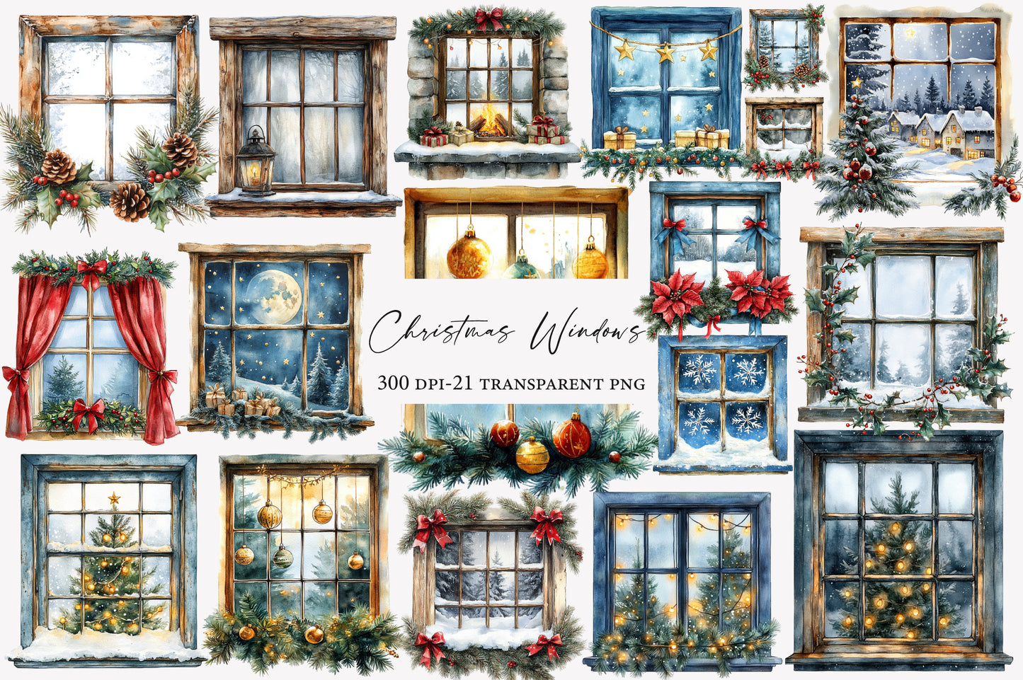 Christmas Windows Watercolor Clipart PNG Bundle | Winter Window Clipart | Christmas Sublimation