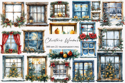 Christmas Windows Watercolor Clipart PNG Bundle | Winter Window Clipart | Christmas Sublimation