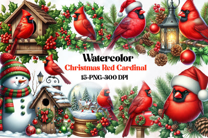 Watercolor Christmas Red Cardinal Clipart PNG Bundle | Winter Cardinal Birds & Holiday Decor
