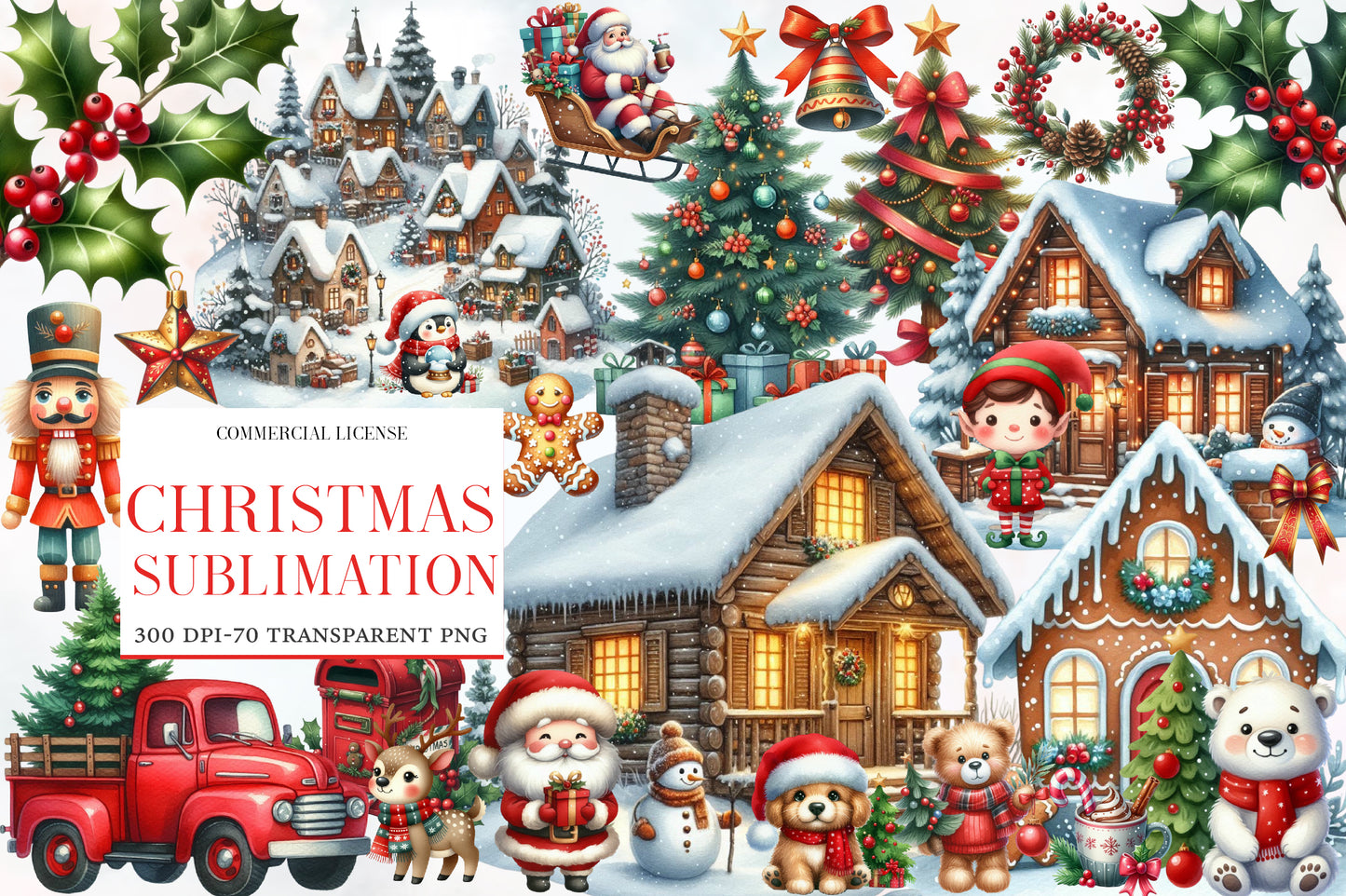 Christmas Sublimation Clipart PNG Bundle | Watercolor Christmas Holiday Clipart | Festive Christmas Sublimation PNG
