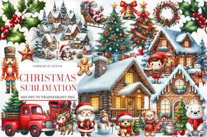 Christmas Sublimation Clipart PNG Bundle | Watercolor Christmas Holiday Clipart | Festive Christmas Sublimation PNG