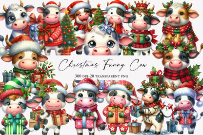 Christmas Funny Cow Clipart PNG Bundle | Watercolor Cute Funny Christmas Cow Clipart | Farmhouse Holiday Sublimation PNG