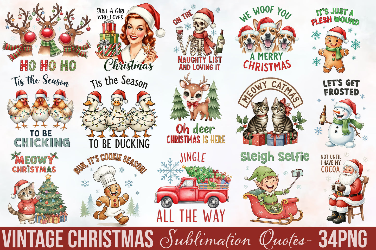 Vintage Christmas Sublimation Quotes PNG Bundle | Funny Christmas Clipart | Retro Holiday Designs