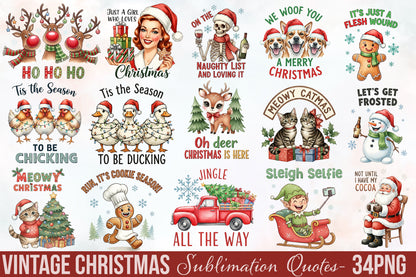 Vintage Christmas Sublimation Quotes PNG Bundle | Funny Christmas Clipart | Retro Holiday Designs