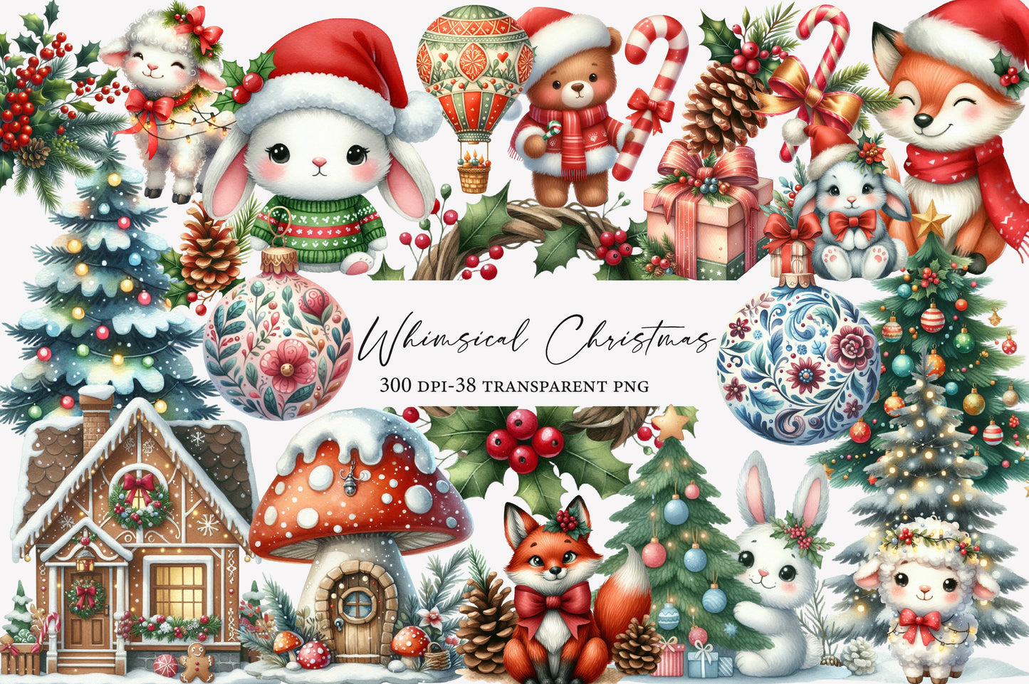 Whimsical Christmas Clipart PNG Bundle | Cute Christmas Watercolor Clipart | Woodland Christmas Sublimation PNG