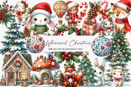 Whimsical Christmas Clipart PNG Bundle | Cute Christmas Watercolor Clipart | Woodland Christmas Sublimation PNG