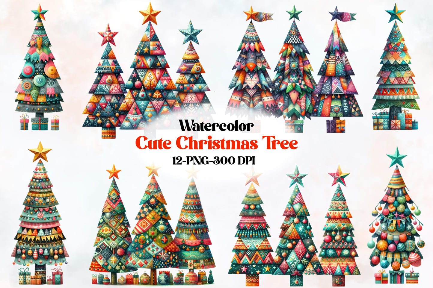 Watercolor Cute Christmas Tree Clipart PNG Bundle | Colorful Holiday Christmas Tree, Ornament & Festive Tree Designs