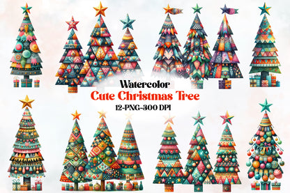 Watercolor Cute Christmas Tree Clipart PNG Bundle | Colorful Holiday Christmas Tree, Ornament & Festive Tree Designs