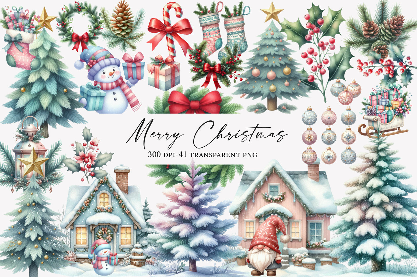 Merry Christmas Clipart PNG Bundle | Christmas Watercolor Clipart | Winter Christmas Trees & Holiday Elements