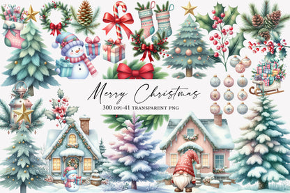Merry Christmas Clipart PNG Bundle | Christmas Watercolor Clipart | Winter Christmas Trees & Holiday Elements