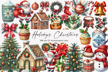 Christmas Watercolor Clipart PNG Bundle | Holidays Christmas Clipart | Festive Holiday Watercolor Sublimation PNG