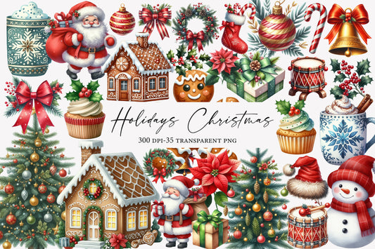 Christmas Watercolor Clipart PNG Bundle | Holidays Christmas Clipart | Festive Holiday Watercolor Sublimation PNG