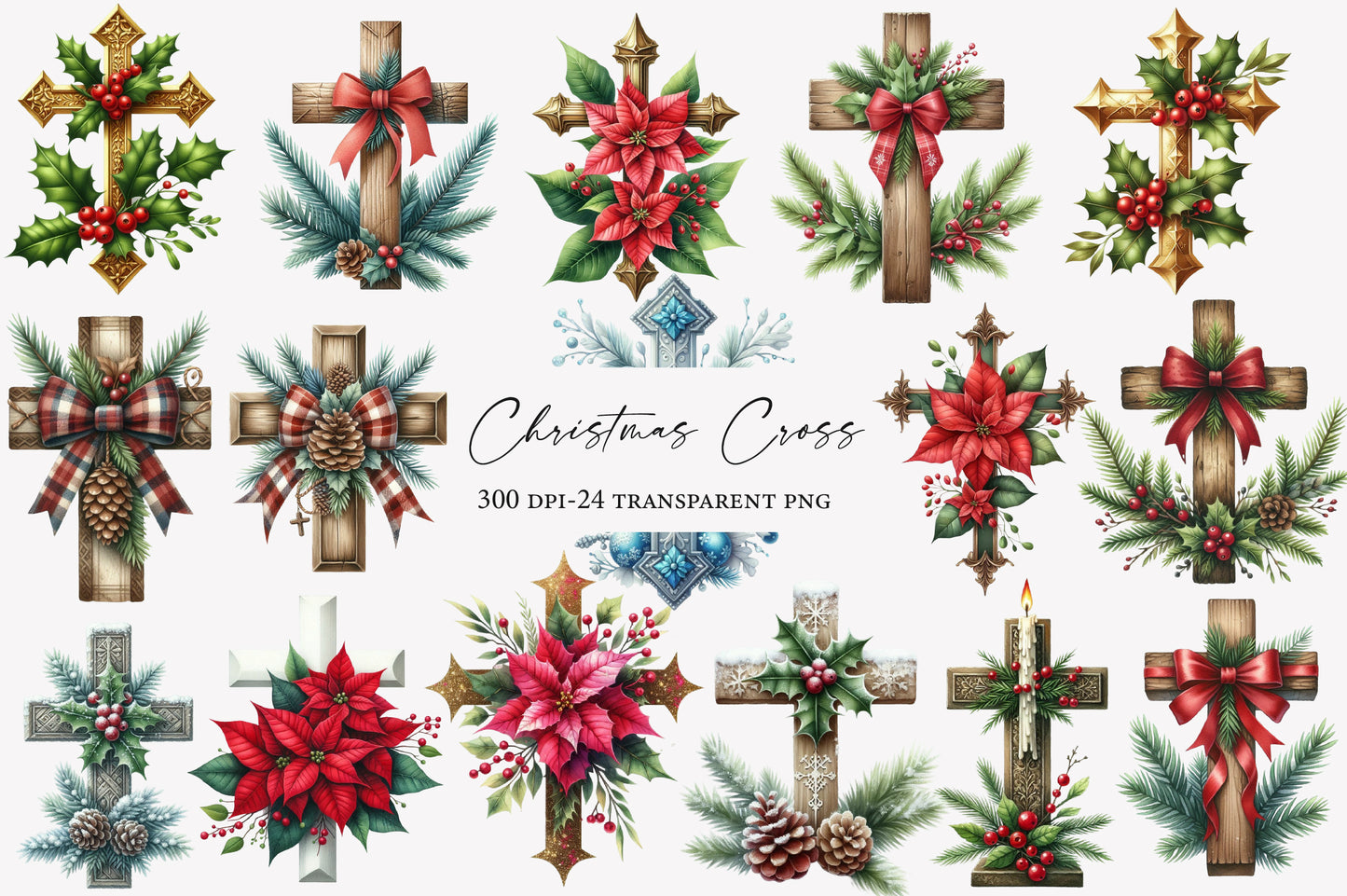Christmas Cross Clipart PNG Bundle | Watercolor Christian Christmas Cross Clipart | Religious Holiday Sublimation PNG