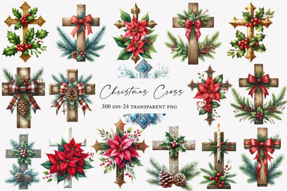 Christmas Cross Clipart PNG Bundle | Watercolor Christian Christmas Cross Clipart | Religious Holiday Sublimation PNG