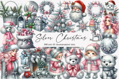 Silver Christmas Watercolor Clipart PNG Bundle | Winter Christmas Clipart | Pink Silver Christmas Sublimation PNG
