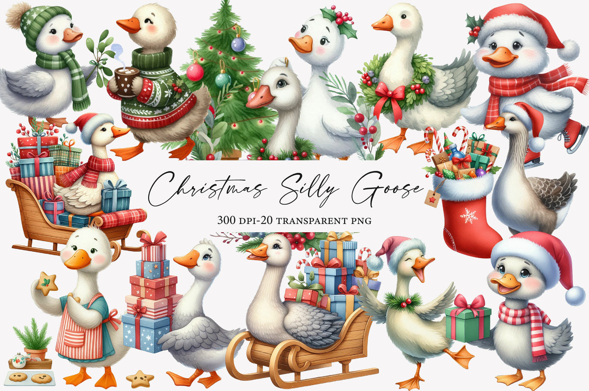 Christmas Silly Goose Clipart Bundle | Cute Watercolor Christmas Goose PNG | Funny Holiday Goose Sublimation Clipart
