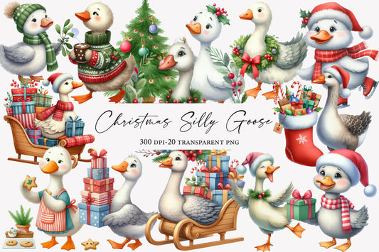 Christmas Silly Goose Clipart Bundle | Cute Watercolor Christmas Goose PNG | Funny Holiday Goose Sublimation Clipart