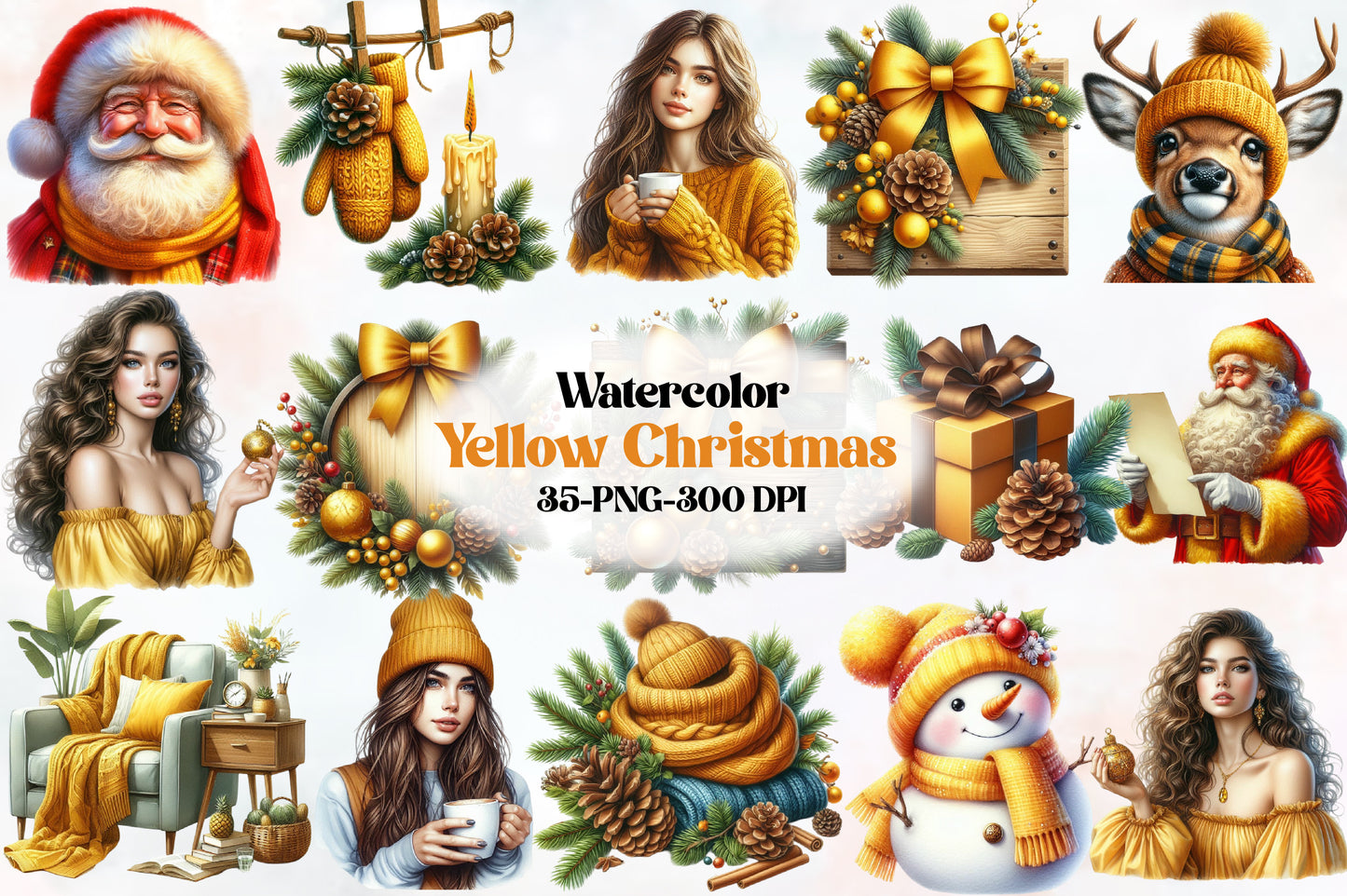 Watercolor Yellow Christmas PNG Bundle 35 Cozy Holiday Clipart