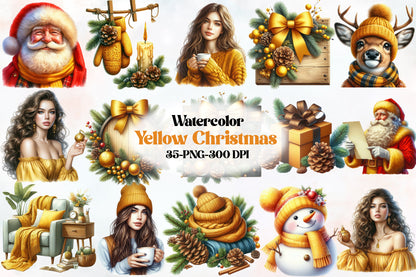 Watercolor Yellow Christmas PNG Bundle 35 Cozy Holiday Clipart