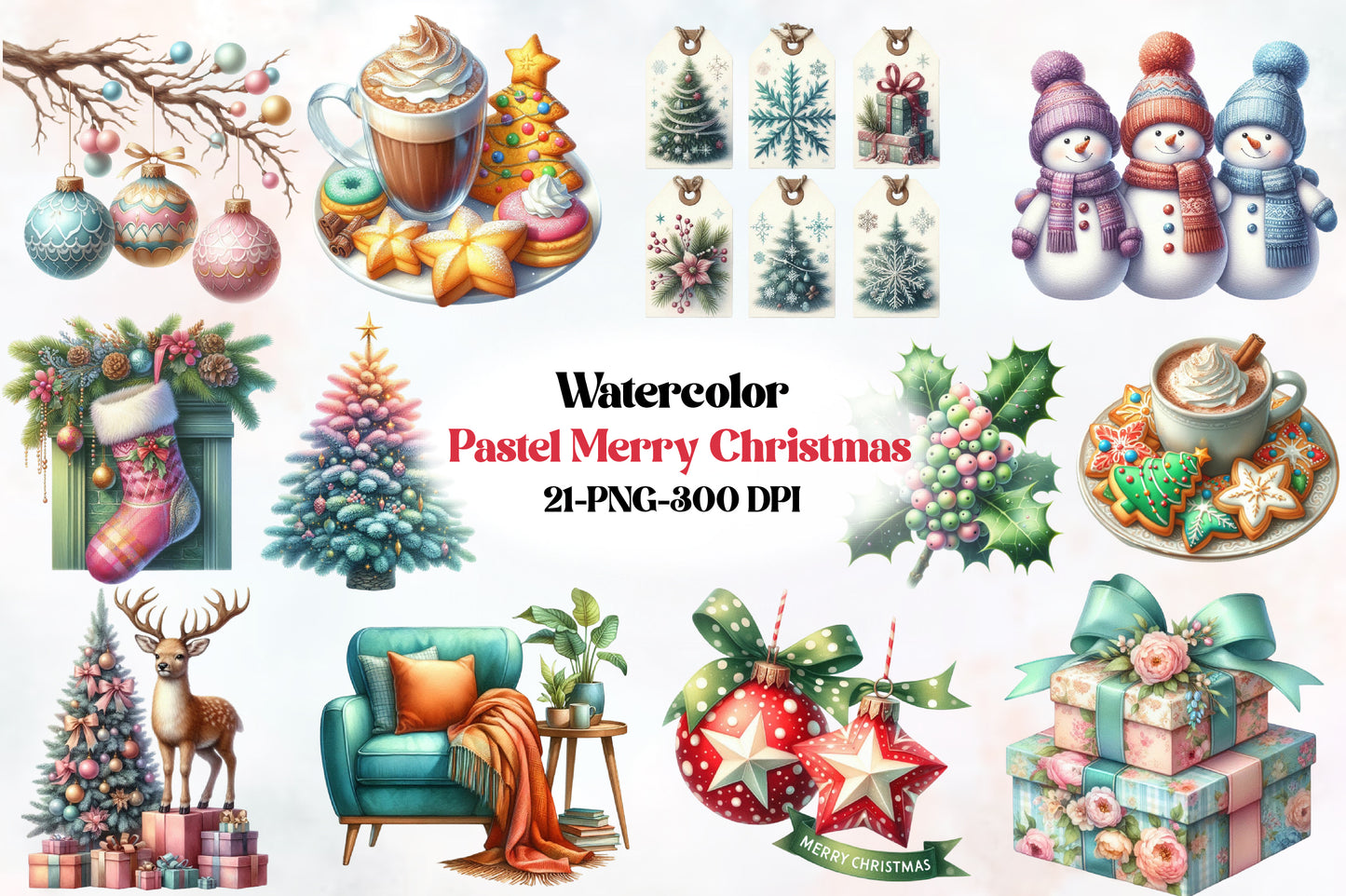 Pastel Merry Christmas Clipart PNG Bundle | Cute Christmas Tree, Snowman, Ornaments, Gifts, Cocoa & Winter Designs