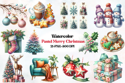 Pastel Merry Christmas Clipart PNG Bundle | Cute Christmas Tree, Snowman, Ornaments, Gifts, Cocoa & Winter Designs