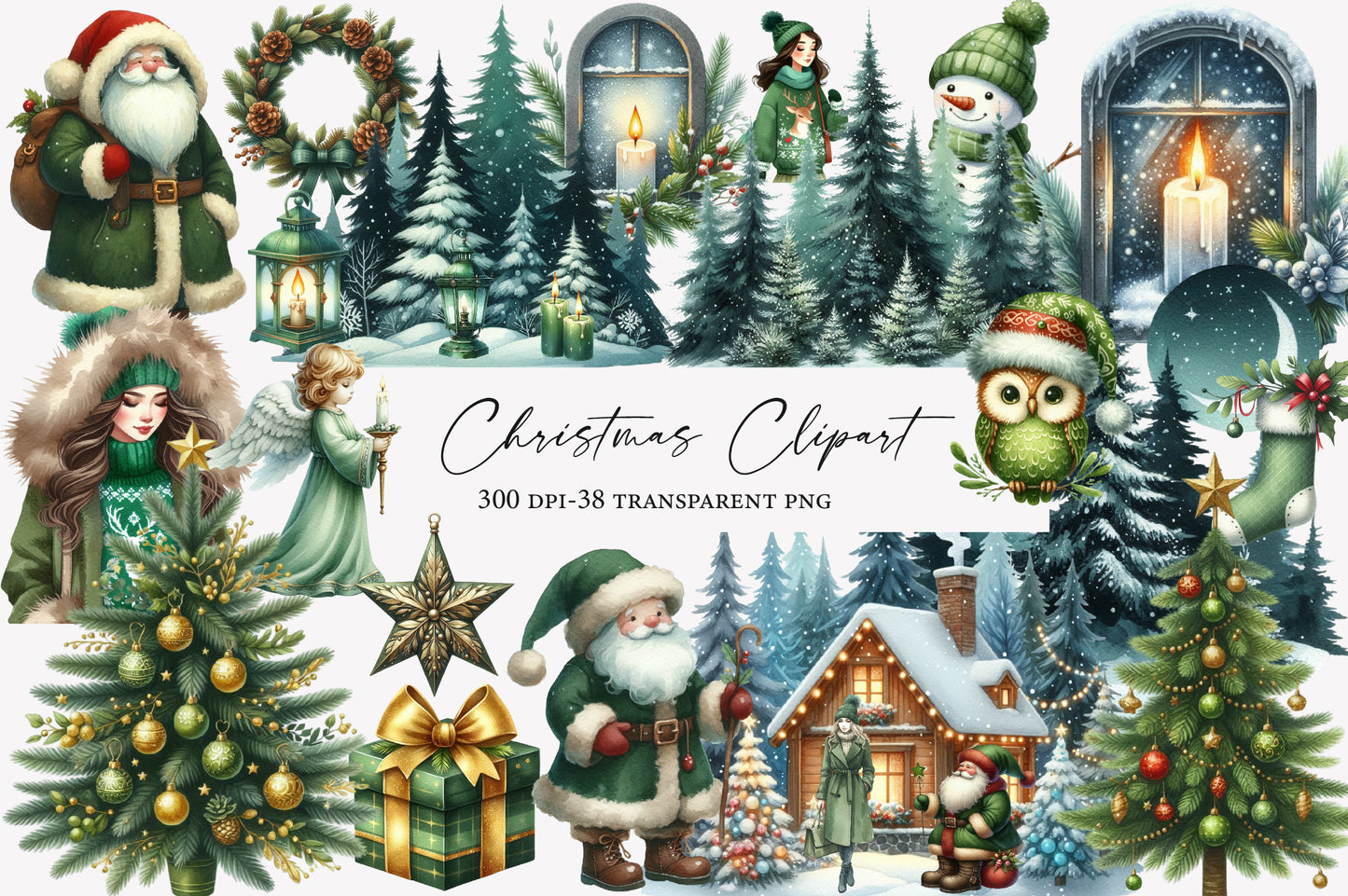 Christmas Clipart Bundle PNG | Watercolor Holiday Clipart Collection | Festive Christmas Sublimation PNG