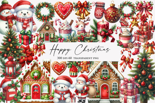 Happy Christmas Watercolor Clipart PNG Bundle | Cute Christmas Holiday Clipart | Festive Christmas Sublimation PNG