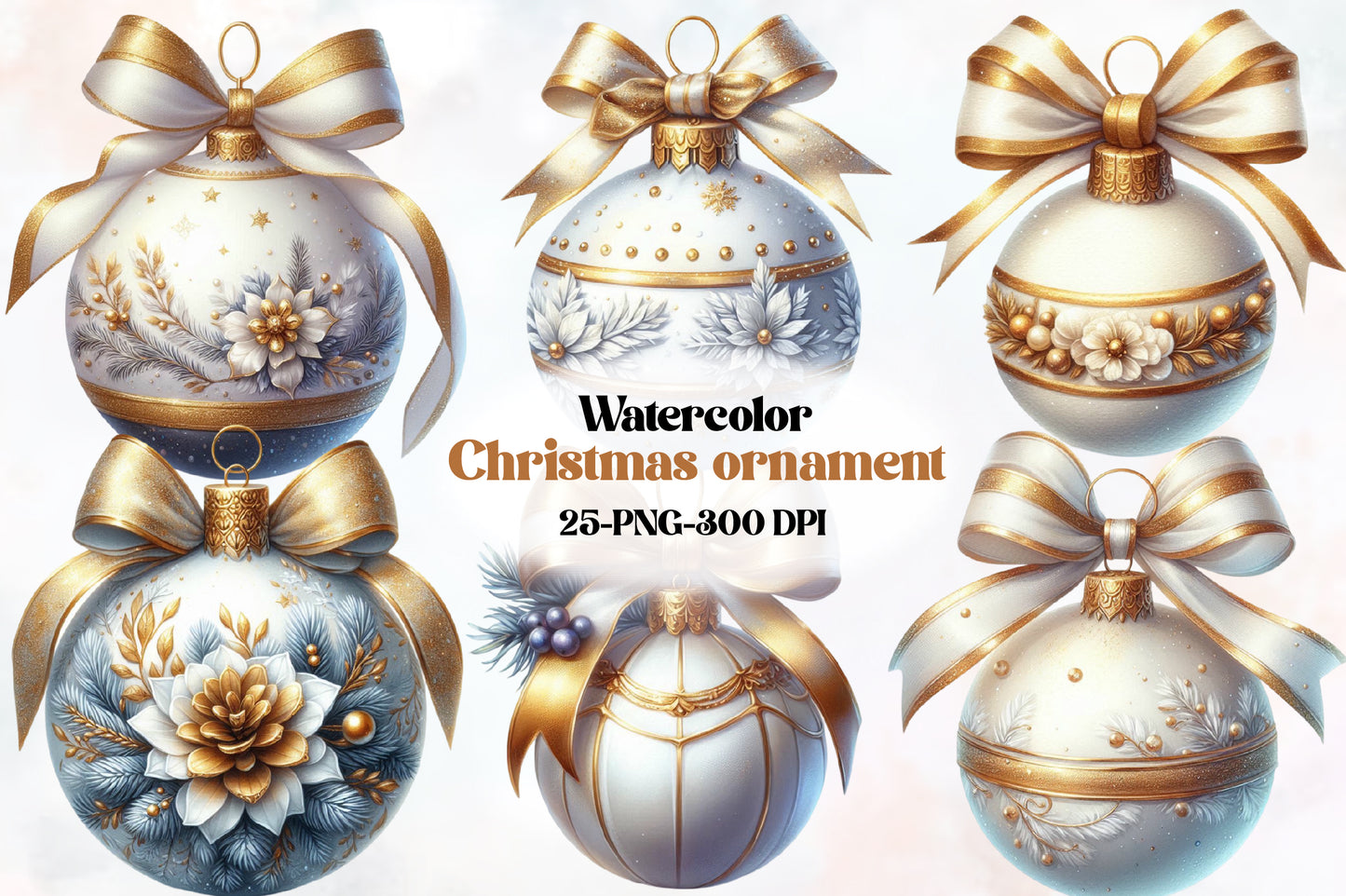 Watercolor Christmas Ornament Clipart PNG Bundle | Elegant Gold & Blue Baubles