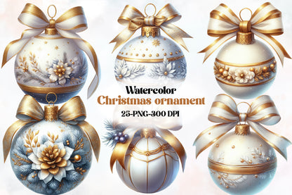 Watercolor Christmas Ornament Clipart PNG Bundle | Elegant Gold & Blue Baubles