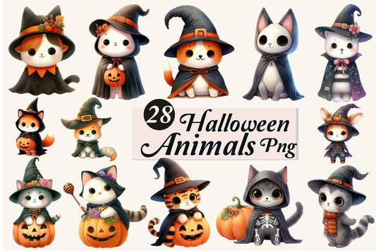 28 Halloween Animals PNG Bundle Cute Spooky Cat Fox Bunny Witch Clipart