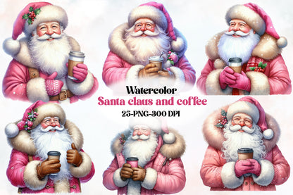 Santa Claus & Coffee Clipart PNG Bundle | Pink Christmas Santa with Coffee Cup, Winter Holiday Designs