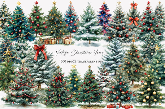 Vintage Christmas Trees Watercolor Clipart PNG Bundle | Christmas Tree Clipart | Holiday Sublimation