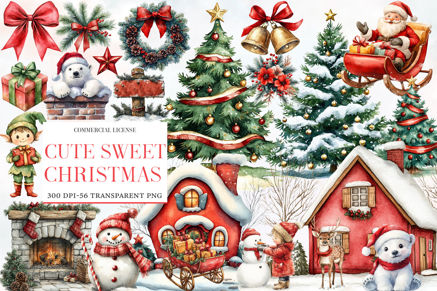 Cute Sweet Christmas Watercolor Clipart PNG Bundle | Cozy Christmas Winter Clipart | Holiday Sublimation PNG