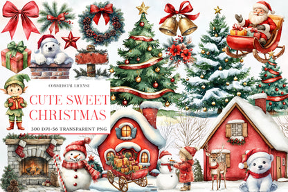 Cute Sweet Christmas Watercolor Clipart PNG Bundle | Cozy Christmas Winter Clipart | Holiday Sublimation PNG