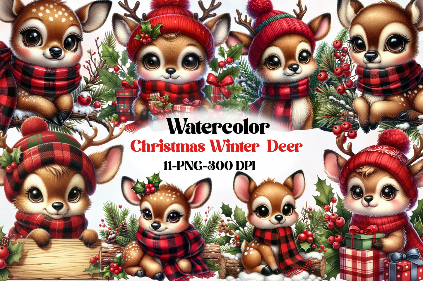 Watercolor Christmas Winter Deer Clipart PNG Bundle | Cute Reindeer Deer Holiday Designs